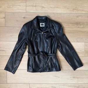 Michael Lawrence Leather Jacket Womens XL Black Belted Zip